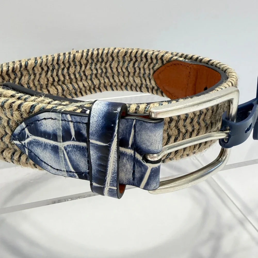 NEW Johnnie-O Mens Braided Jute Belt Malibu Blue Crocco Tip Size 32 NEW Beach